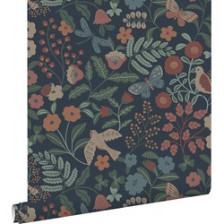 ESTAhome behang bloemen en vogels donkerblauw, roze en groen - 50 x 900 cm - 139870