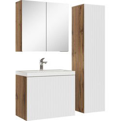 Badplaats Badkamermeubel Set Malta 60 x 35 cm - Eiken met Wit - Badmeubel met spiegelkast en zijkast