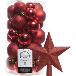 Decoris kerstballen 30x stuks - rood 4/5/6 cm kunststof mat/glans/glitter mix en piek - Kerstbal