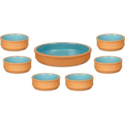 Set 7x tapas/creme brulee schaaltjes - terra/blauw - 6x 12 cm/1x 23 cm - Snack en tapasschalen