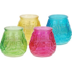 Windlicht geurkaars - 4x - groen/geel/blauw/roze glas - 48 branduren - citrusgeur - geurkaarsen
