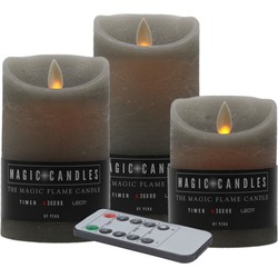 Magic Flame LED kaarsenset - 3x kaarsen - grijs - afstandbediening - LED kaarsen