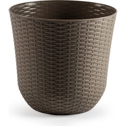 Bloempot/plantenpot - taupe - kunststof - D32 cm - gevlochten mand look - binnen/buiten gebruik - Plantenpotten