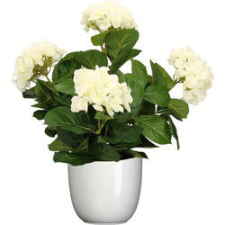 Hortensia kunstplant/kunstbloemen 45 cm - wit - in pot wit glans - Kunstplanten