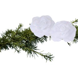 2x stuks kerstboom decoratie bloemen rozen wit op clip 9 cm - Kersthangers