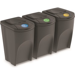 Set van 3x kunststof afvalscheidingsbakken grijs van 35 liter - Prullenmanden