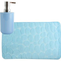 MSV badkamer droogloop mat/tapijt Kiezel - 50 x 80 cm - zelfde kleur zeeppompje - lichtblauw - Badmatjes