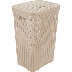 Hega Hogar Wasmand met deksel Rotan - beige - kunststof - 60L - 34 x 43 x 62 cm - Wasmanden