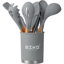 BIKO Kookgerei - Keukengerei Kitchen Set - 13 delige set - Bamboe hout - Siliconen - BPA vrij - Zilver