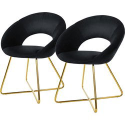Set van 2 eetkamerstoelen met ronde open rugleuning zwart fluweel met goudkleurige metalen poten ML design