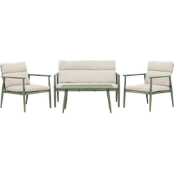 Margret tuin loungeset groen - tweezits bank, twee fauteuils en een salon tafel - met beige zitkussens
