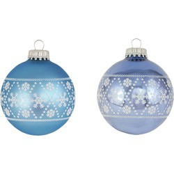 8x Glazen ijsblauwe/lichtblauwe kerstballen met witte decoratie 7 cm - Kerstbal