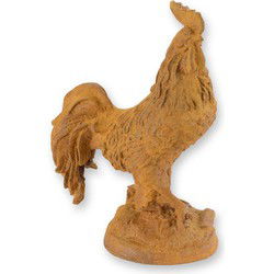 A RUSTY CAST IRON FIGURINE OF A ROOSTER