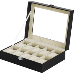 Decopatent® Luxe horlogebox voor 10 horloges - Horloge box voor Dames en Heren horloges - Horlogedoos - Horlogekist Zwart / Beige