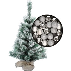 Besneeuwde mini kerstboom/kunst kerstboom 35 cm met kerstballen zilver - Kunstkerstboom