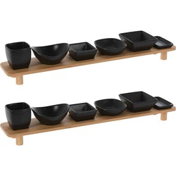 2x stuks serveerplank met 12 hapjes/saus/tapas schaaltjes hout 50 x 8 cm - Serveerplanken