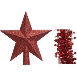 Kerstversiering kunststof glitter ster piek 19 cm en sterren folieslingers pakket rood van 3x stuks - kerstboompieken