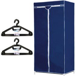Set van mobiele opvouwbare kledingkast met blauwe hoes 160 cm en 20x plastic kledinghangers zwart - Campingkledingkasten