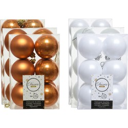 Kerstversiering kunststof kerstballen mix cognac bruin/winter wit 4-6-8 cm pakket van 68x stuks - Kerstbal