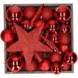 Kunststof kerstballen - 45x stuks - met ster piek - rood - Kerstbal