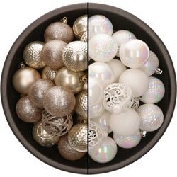 74x stuks kunststof kerstballen mix van champagne en parelmoer wit 6 cm - Kerstbal