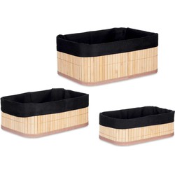 Kipit Badkamer/toilet Opbergmandjes - bamboe/stof zwart - set 3x stuks - Opbergmanden