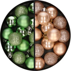 28x stuks kleine kunststof kerstballen groen en lichtbruin 3 cm - Kerstbal
