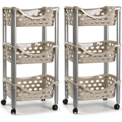 Set van 2x keukentrolley/roltafel 3 laags kunststof taupe 40 x 65 cm - Opberg trolley