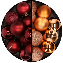 24x stuks kunststof kerstballen mix van donkerrood en koper 6 cm - Kerstbal