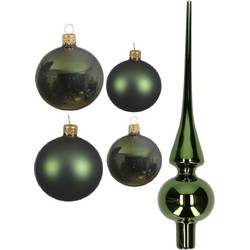 Glazen kerstballen pakket donkergroen glans/mat 38x stuks 4 en 6 cm met piek glans - Kerstbal