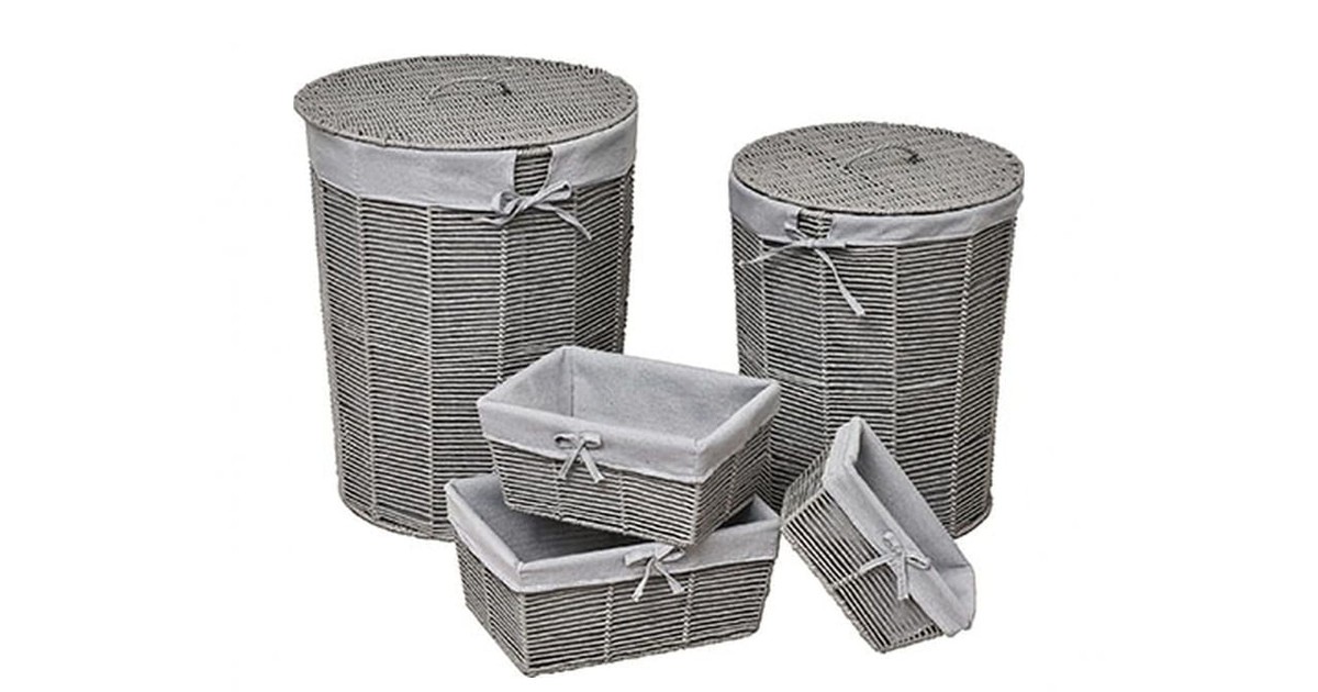 Set van 5 manden - Wasmand - Rechthoekige Opbergmandjes - Grijs - Linnen - Voor in de Kledingkast - Badkamer - Lade en Kast Organizer - Papiermandjes - Paper Basket - Natuurlijke l