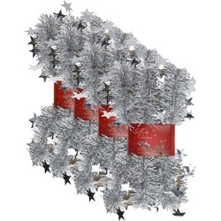 4x stuks lametta kerstslingers met sterretjes zilver 200 x 6,5 cm - Kerstslingers