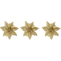 4x stuks decoratie bloemen kerstster goud glitter op clip 15 cm - Kunstbloemen