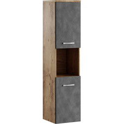 Badplaats Badkamerkast Montreal 30 x 30 x 131 cm - Kastanje Eiken met Donker Grijs - Hangende Kolomkast met 2 Deuren