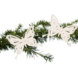 2x stuks kerstboom decoratie vlinders op clip glitter wit 14 cm - Kersthangers