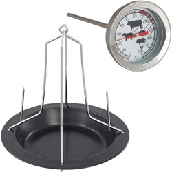 Stalen kippenspit/kiphouder met schotel zwart 20 x 18 cm met vleesthermometer - Ovenschalen