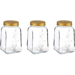 Voorraadpot/bewaarpot Square - 3x - glas - 1L - transparant/goud - D10 x H17 cm - voedsel - Voorraadpot