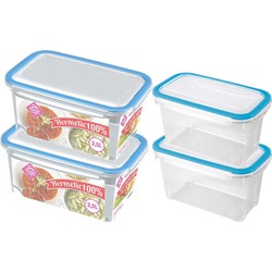 4x Voedsel plastic bewaarbakjes 1,2 en 2,5 liter transparant/blauw - Vershoudbakjes