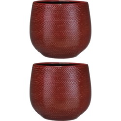 Set van 2x stuks bloempotten bordeaux rood ribbels keramiek voor kamerplant H20 x D25 cm - Plantenpotten