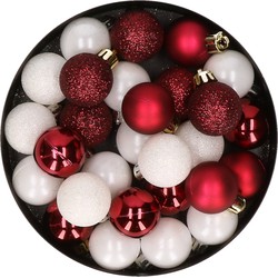 28x stuks kunststof kerstballen donkerrood en wit mix 3 cm - Kerstbal
