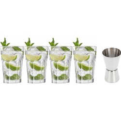 4x Cocktailglazen / Mojito glazen transparant 410 ml met RVS maatbeker / barmaatje - Cocktailglazen