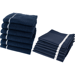 Twentse Damast Theedoeken en keukendoeken set - 12 stuks - Streep Navy Blauw