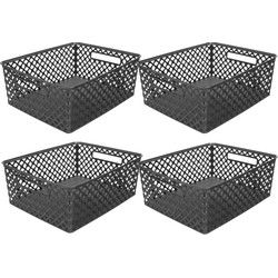 5Five Opbergmand/box van kunststof - 4x - zwart - 29 x 35 x 13 cm - 11 liter - Opbergmanden