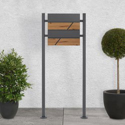 Staande brievenbus met krantenvak 37x36,5x11 cm antraciet/houtlook gemaakt van staal ML design, modern horizontaal ontwerp, stahoogte 120cm antraciet dubbele bodem
