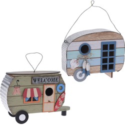 Set van 2x stuks houten vogel voeder huisjes voor pindas/vetbollen caravan blauw en groen - Vogelvoederhuisjes