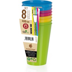 Juypal drinkbekers -8x - multi - kunststof - 450 ml - herbruikbaar - Drinkglazen