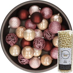37x stuks kunststof kerstballen 6 cm roze/donkerrood/champagne incl. kralenslinger - Kerstbal