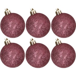 6x stuks kunststof glitter kerstballen aubergine roze 6 cm - Kerstbal