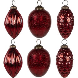 Clayre & Eef Kerstbal Set van 6 Ø 7/6/5 cm Rood Glas Kerstboomversiering