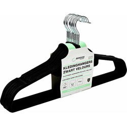 Benson Kledinghangers set - 10x stuks - zwart velours - kunststof - 44.5 cm - kledingkast hangers/kleerhangers - Kledinghangers